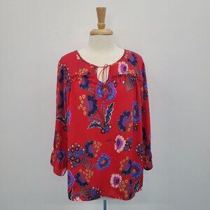 Zac & Rachel Womens Red Floral Long Sleeve Blouse Top Size XL Keyhole Neck